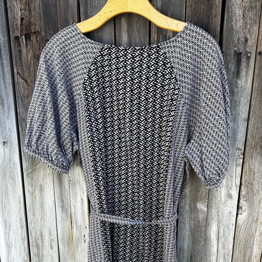 Garnet Hill Imogene Linen Midi Puff Sleeve Belted Print Dress Black Tan Beige L - Picture 11 of 16